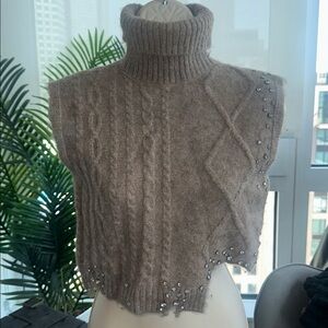 Zara Brown Turtleneck Sweater Vest with Rhinestone Accents
